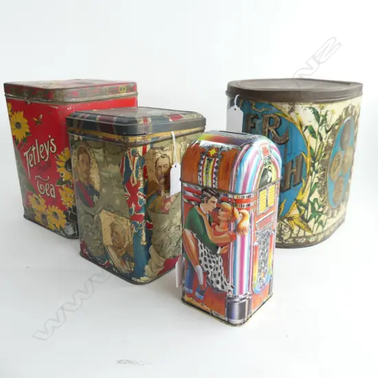(72) 4 TINS, 3 c.1900, INCUDING TETLEYS plus SHERBERT MONEY TIN (H.180mm)