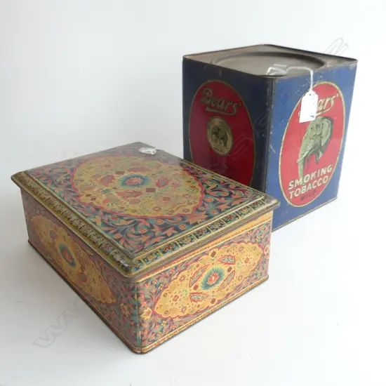 .(68) 2 OLD LARGE TINS, BEARS TOBACCO, H.200mm & MULTICOLORED CAKE TIN