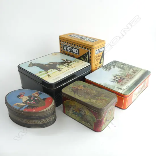 (68) 5 TINS, 3 MODERN (WEETBIX ETC) 1 FLAPPER IMAGE AND OTHER ' PADDING THE TIGER'