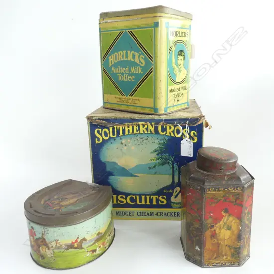 (68) 4 TINS, HORLICKS SOUTHERNCROSS BISQUITS TEA CADDY & HORSESHOE SHAPED