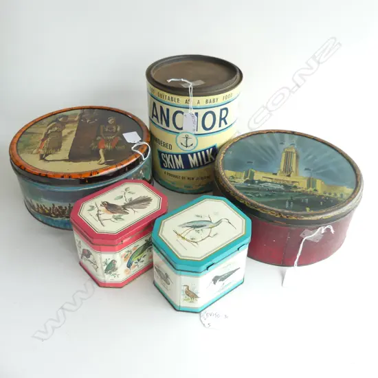 (60) 5 NZ RELATED TINS,ANCHOR, WELLINGTON EXHIBITION 1940, MAORI WAKA AND NZ BIRDS