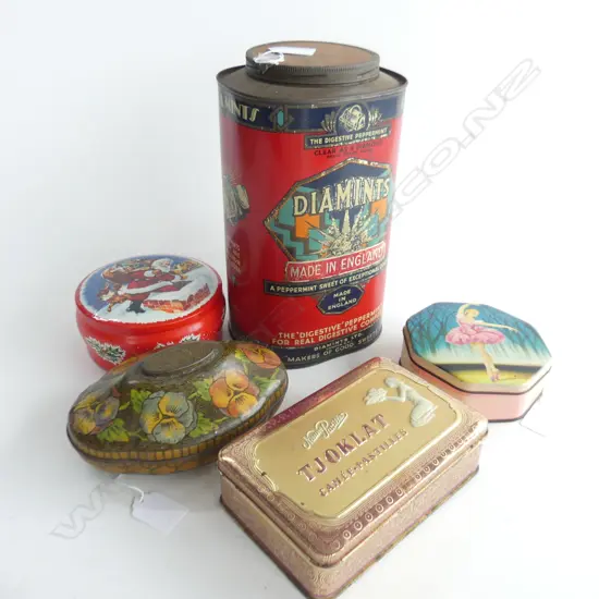 (63) 5 OLD TINS, 4 SWEET TINS INCLUDING LGE PEPPERMINT TIN, H. 260mm