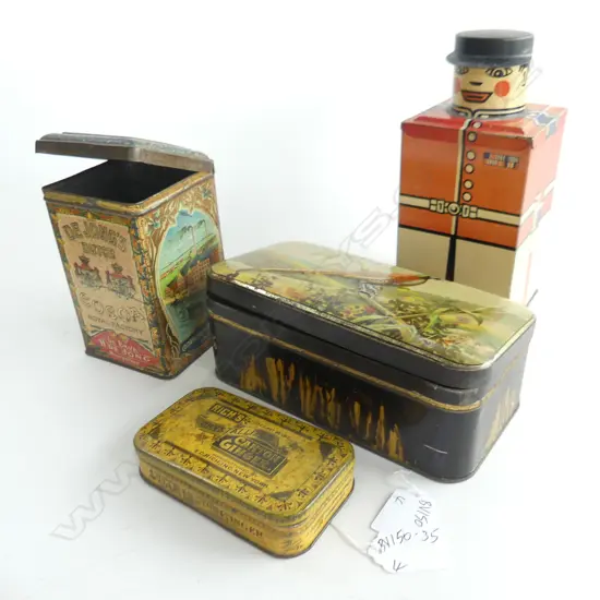 (63) 4 OLD TINS INCLUDING ONE AS A SOLDIER, H.220mm