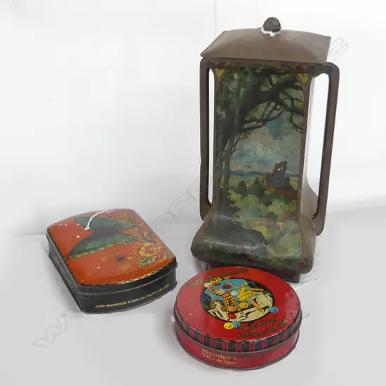 3 VINTAGE TINS: LGE ART NOUVEAU W CASTLE + 2 MACKINTOSH'S TINS