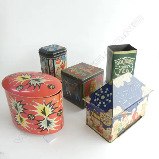 (63) 5 OLD TINS, INCLUDING 1 AS ' HOUSE OF KNOWLEDGE '  H. 160mm