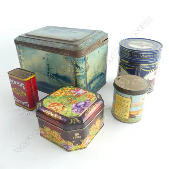 (61) 5 OLD TINS, INCLUDES ONE WITH BATTLESHIP SCENE