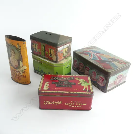 (61) 5 OLD TINS, INCLDES A MONEY BOX & WW1 PERIOD ' MAZAWATEE' TIN.