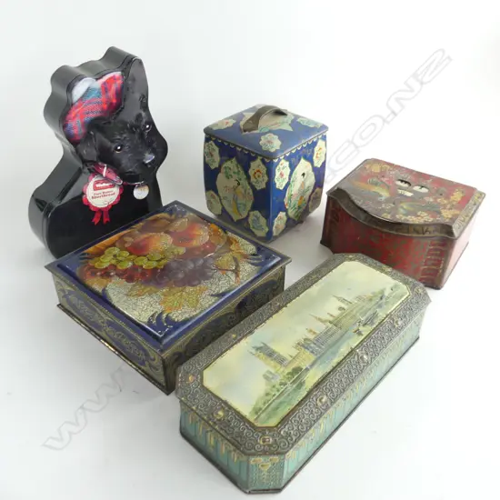 (61) 5 OLD TINS, 1 WITH INTEGRATED CALENDAR TO THE LID ANOTHER AS SCOTTISH TERRIER