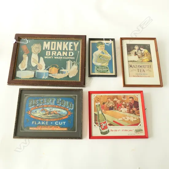 5 FRAMED VINTAGE ADVERTISING SIGNS LARGEST 300 BY 400 MM