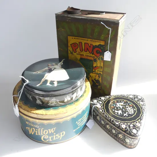 (71) 4 VINTAGE TINS PING SPRAY WILLOW CRISP BALLET & ISLAMIC 355mm TALLEST