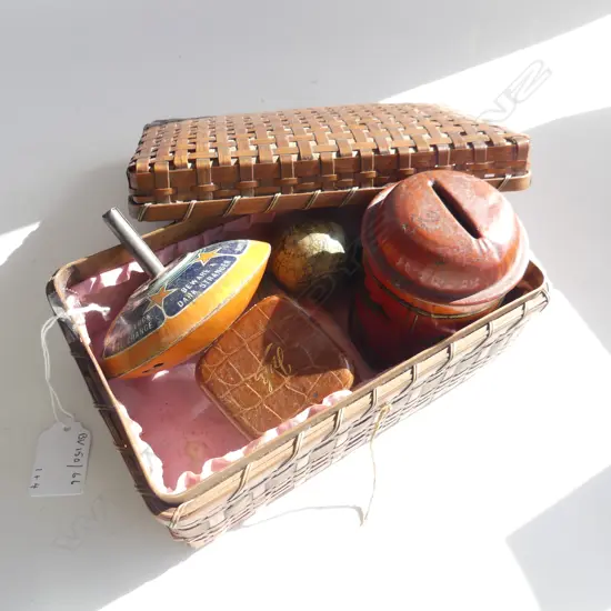 (71) CANE SEWING BOX 3 TIN TOYS & PORTABLE INK BOTTLE, L. 190mm