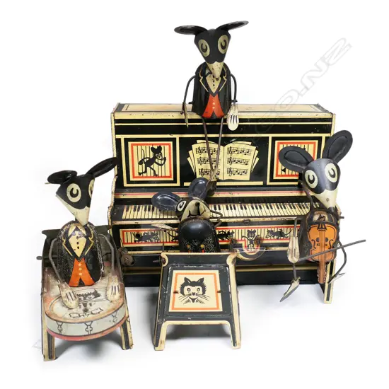 (56) LOUIS MARX  MERRYMAKERS MOUSE TIN TOY BAND: PIANO PLAYER & 3PC. H.60mm
