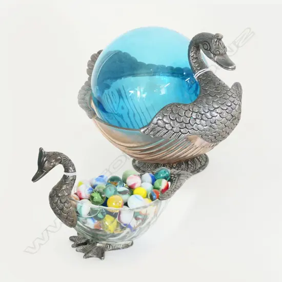 (85)  2 METAL & GLASS SWANS WITH MARBLES 150MM TALLEST