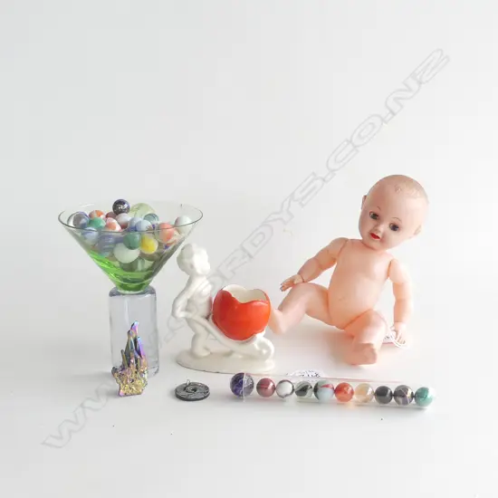 (85) PLASTIC DOLL CHINA CUPID & 2 GLASS PCS WITH MARBLES