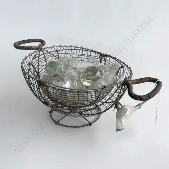 (86) VINTAGE WIRE EGG BASKET (320mm) plus GLASS BOTTLE TOPS