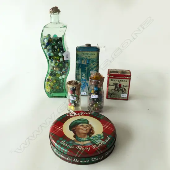 (93) 3 GLASS BOTTLES OF MARBLES & 3 VINTAGE TINS TALLEST 370MM