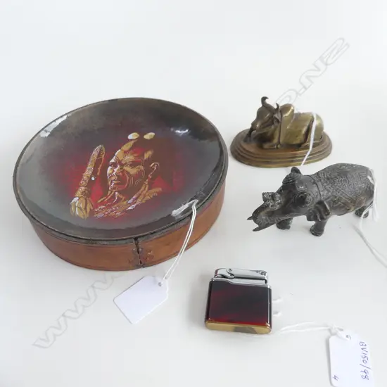 (88) MAORI CHEIF ENAMEL DISH, W.170mm, plus BRONZE ELEPHANT COW & LIGHTER