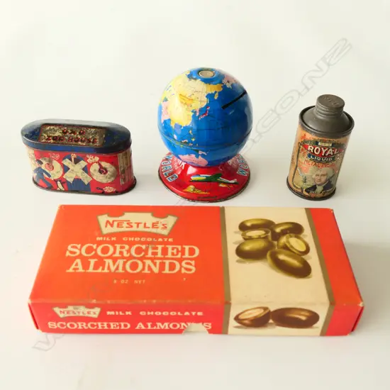 (64)NESTLES ALMOND BOX, OXO TIN + WORLD TIN MONEY BOX