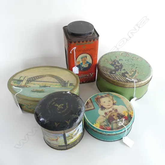 (69) 5 VINTAGE TOBACO & TEA TINS 1 OF SYDNEY HARBOUR BRIDGE 250MM TALLEST