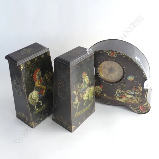 (73) VINTAGE VICTORY SWEETMEATS TIN CLOCK & 2 SIDE ORN TINS 280MM