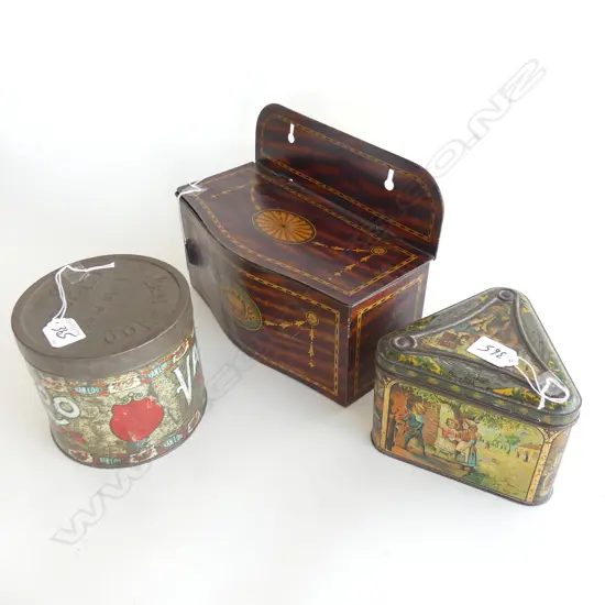 (73) 3 VINTAGE TINS:VAN-LOO CIGARS + SHERATON WALL TIN + H & P blacksmith trinagular tin