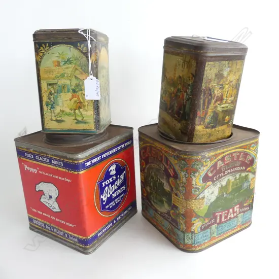 (66) 4 VINTAGE TINS: 3 TEA & 1 MINTS TIN. TALLEST 200mm