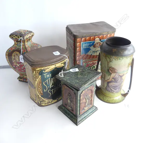 (75) 5 LARGE VINTAGE TINS PALM TOFFEE ST LAWRANCE STARCH ETC 290 TALLEST