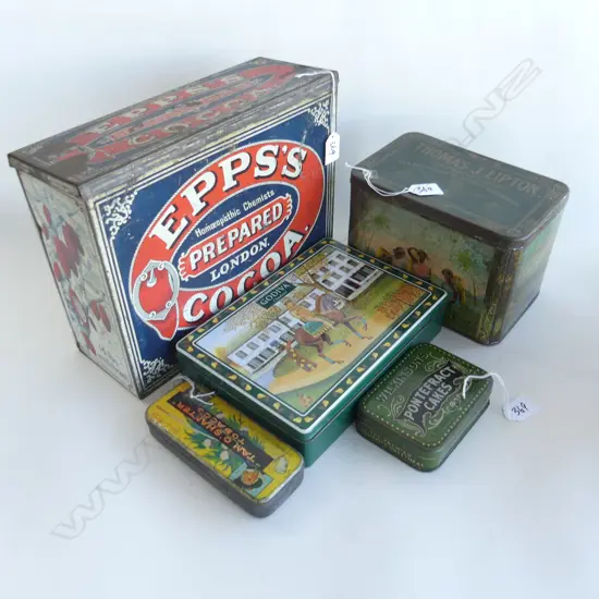 (70) 5 VINTAGE TINS TOBACO TEA COCOA ETC 245MM TALLEST