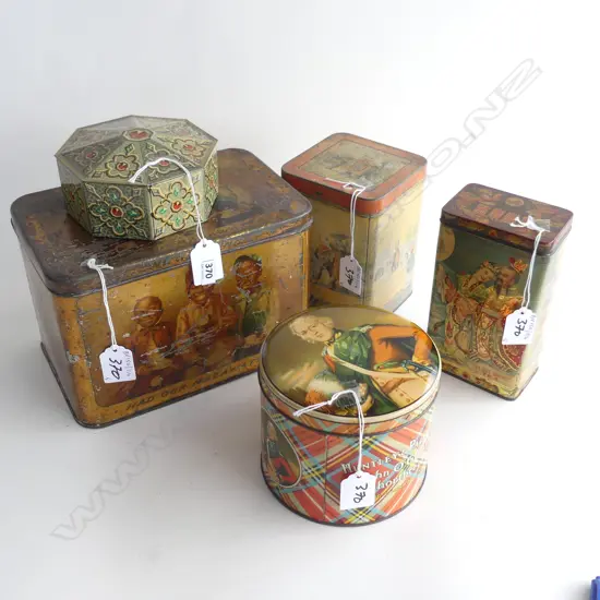 5 VINTAGE TINS TEA ETC 155 MM TALLEST