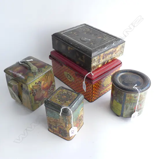 (70) 5 VINTAGE TINS HEARDS CANDY TEA ETC 140MM TALLEST