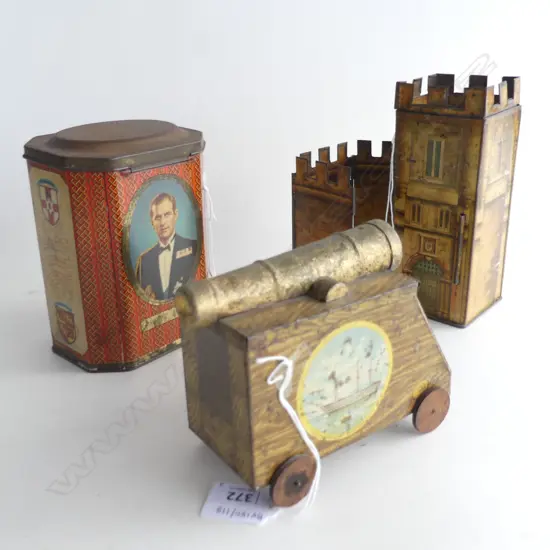(70) 3 VINTAGE TINS CASTLE CANNON & CORONATION 170MM TALLEST