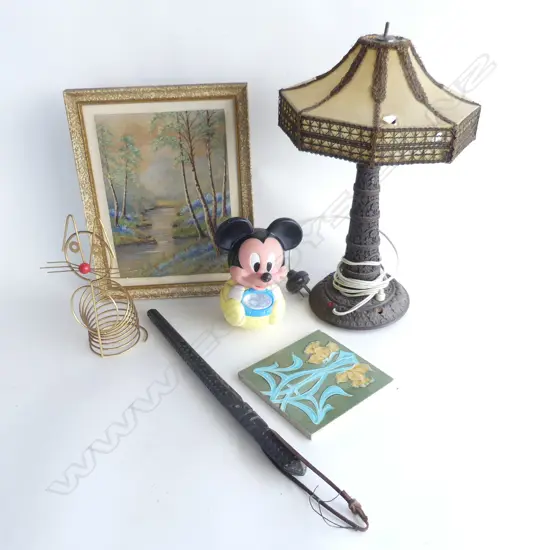 (53) BOX LOT 2 LAMPS TILE MICKEY MOUSE & PART CARVED MAORI STICK ETC