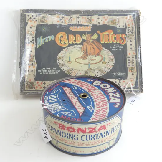 (54) VINTAGE BOXED GAME MYSTRO CARD TRICKS (L.320mm) plus TIN BONZO EXTENSION CURTAIN ROD, W.160mm