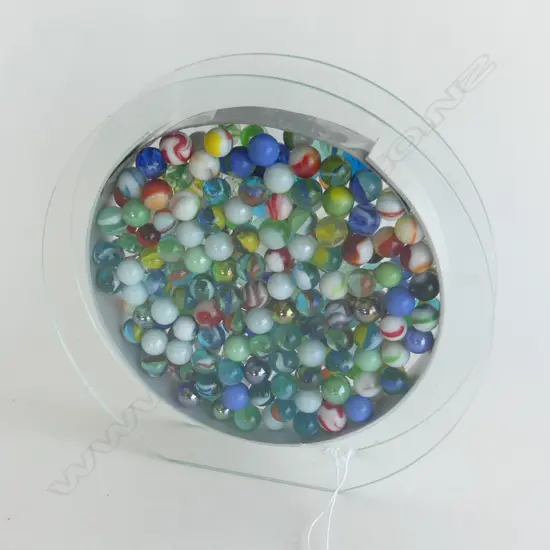 (62) LARGE COLLECTION OF GLASS MARBLES SANDWICHED BETWEEN 2 GLASS PANES