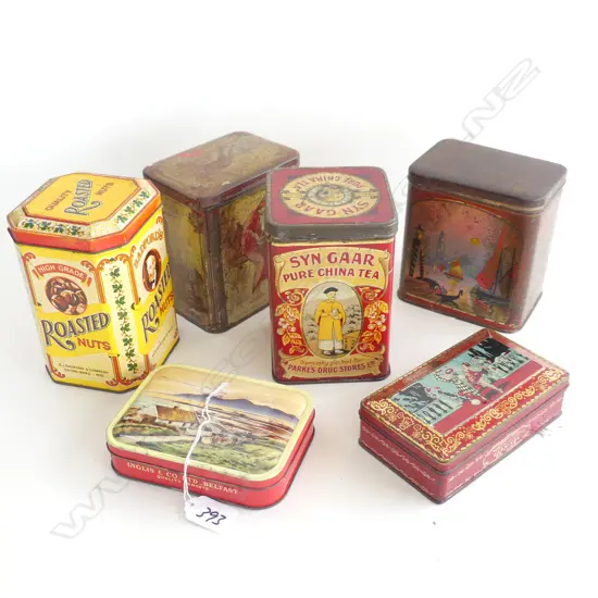 6 OLD TINS, THREE TEA, SWEETS & ROASTED NUTS