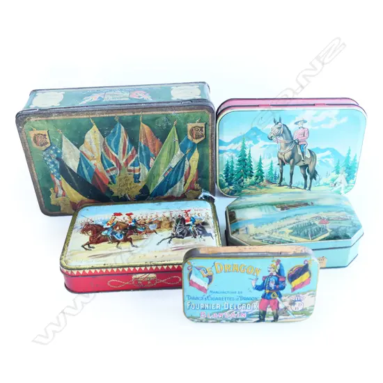 (58) 5 VINTAGE CANADIAN & MILITRY TINS WIDEST 220MM