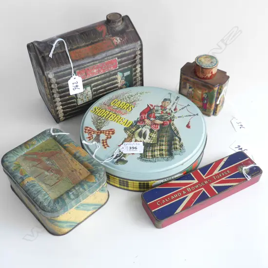 (58) 5 VINTAGE TEA & BISCUIT TINS TALLEST 160MM