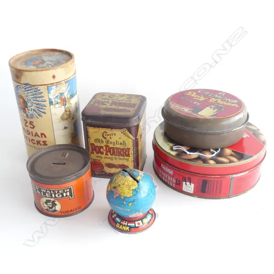 (62) 6 OLD TINS. INCLUDES INDIAN STICKS AND SMALL GLOBE MONEY BANK
