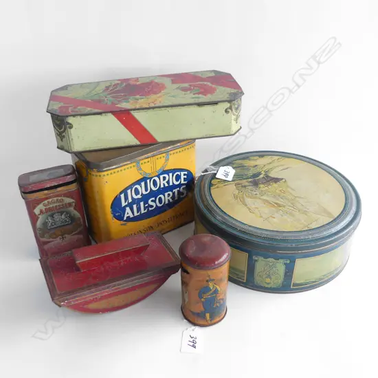 (62) 6 OLD TINS. INCLUDES UNUSUAL TIN AS BLOTTER BY CRAVEN A & LIQUORICE ALLSORTS