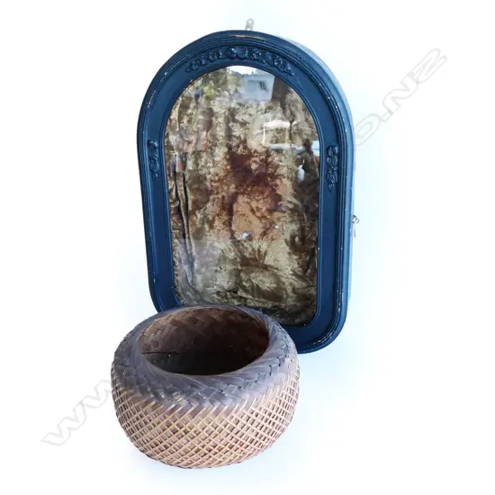 (55) 2 ITEMS, VICTORIAN WALL MOUNTED VELVET LINED DISPLAY CASE, H.500mm plus CANE BASKET