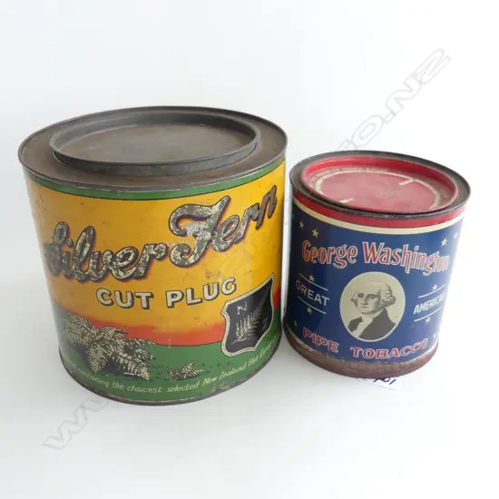 (59) 2 LARGE TOBACCO TINS. SILVER FERN (3 POUNDS) & GEORGE WASHINGTON PIPE TOBACCO