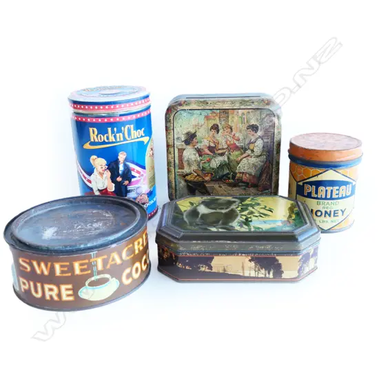 (59) 5 OLD TINS. INCLUDES SWEETACRES PURE COCOA  & PLATEAU HONEY