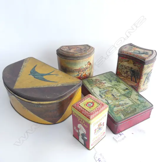 (65) 5 OLD TINS, INCLUDING BLUEBIRD & DROSTE CACAO