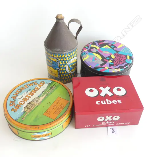 (65) 4 OLD TINS. INCLUDES PENNANT KEROSINE & OXO CUBES