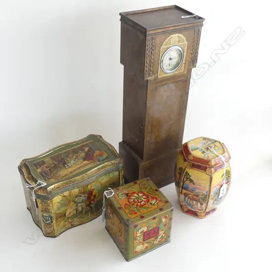 (74) 3 VINTAGE TEA TINS & TIN GRANDFATHER CLOCK 450MM TALLEST