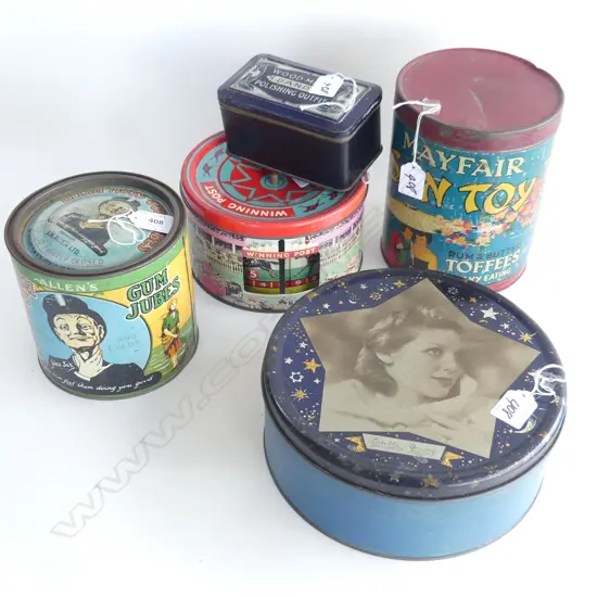 (74) 5 VINTAGE TINS & WINNING POST TIN 200MM TALLEST