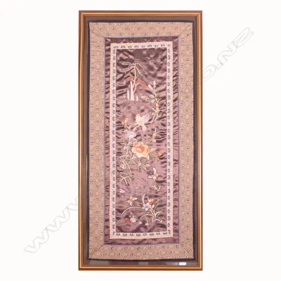 FRAMED SILK EMBROIDERY. DEPICTS BIRDS AMONGST FOLIAGE H.710mm