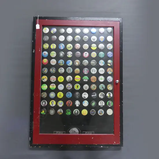 WALL DISPAY CABINET WITH APROX 100 BADGE COLLECTION 950MM BY 670MM