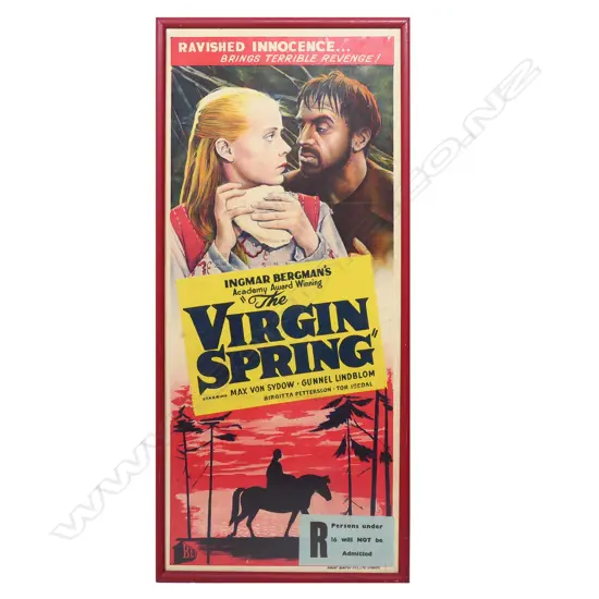 VINTAGE R16 'THE VIRGIN SPRING' FRAMED DAYBILL PRINTED IN SYDNEY, 730 x 310mm