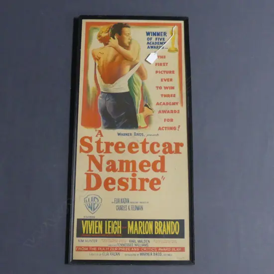 VINTAGE 'A STREETCAR NAMED DESIRE' FRAMED DAYBILL PRINTED IN SYDNEY, 720 x 310mm